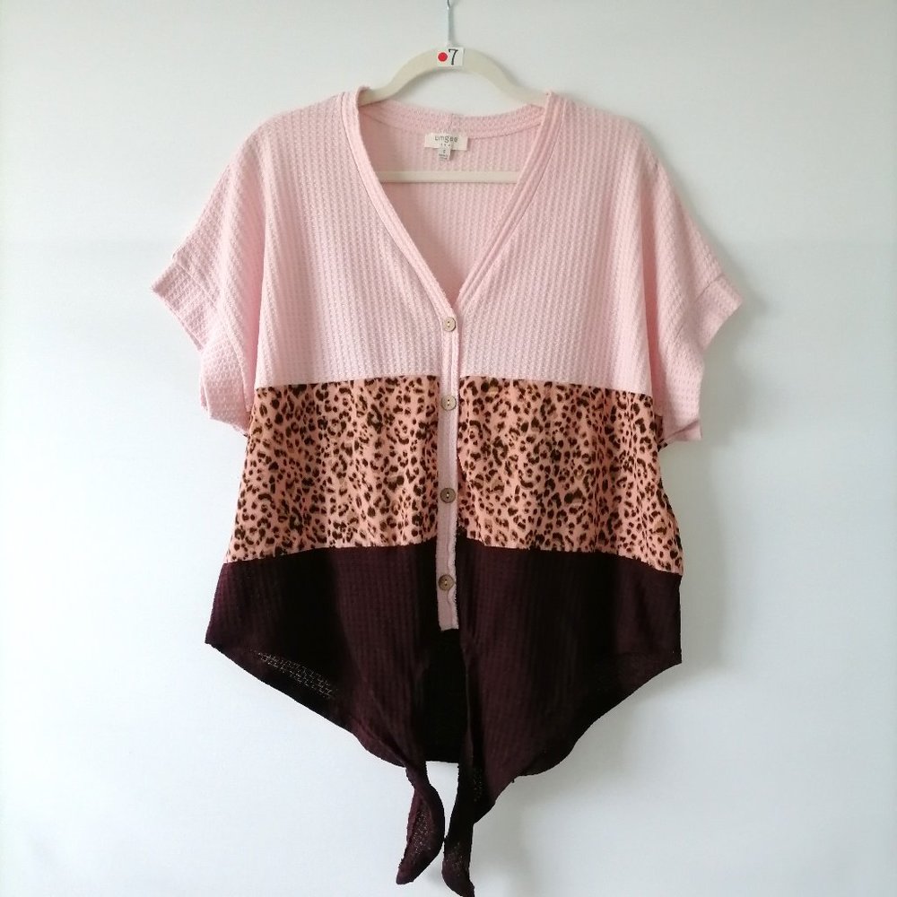 Umgee Womens Multicolor V Neck Color Block Leopard Tie Front Blouse Top Size S